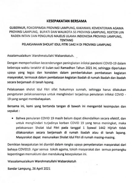 Gubernur, Bupati/Walikota Se-Provinsi Lampung Sepakat Sholat Idul Fitri 1442 Hijriah Dilaksanakan di Rumah