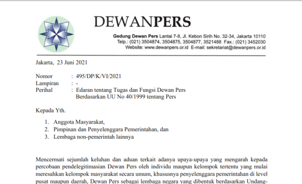 Dewan Pers Terbitkan Surat Edaran Tentang Tugas dan Fungsi Dewan Pers