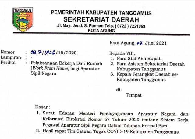 Mulai Besok Pemkab Tanggamus Terapkan Work From Home