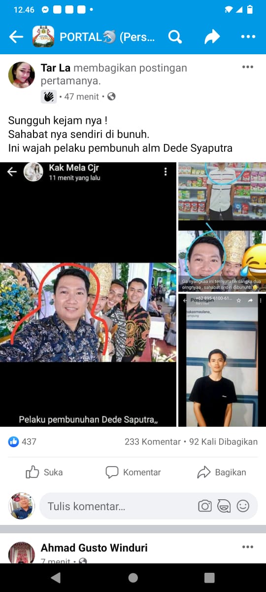 Reka Ulang dan Tersangka Kasus Pembunuhan Dede Saputra Viral di Facebook