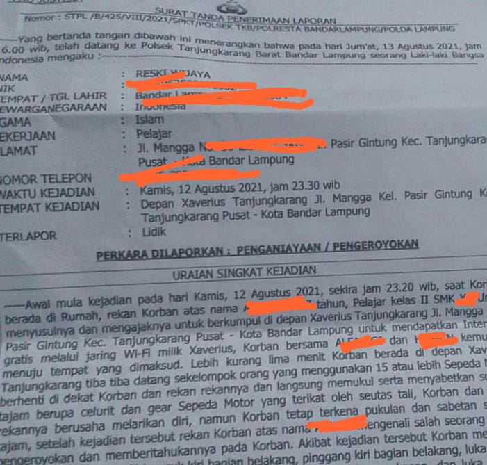 Nebeng Wifi Gratis Depan Xaverius Gintung, Seorang Pelajar Diserang Sekelompok Pemuda Bersenjata