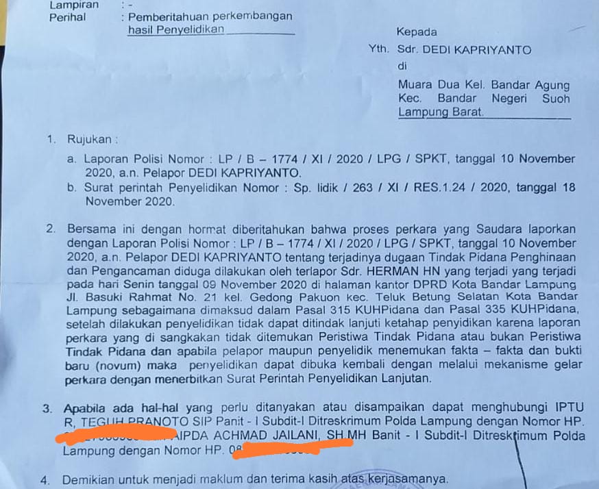 Polda Lampung Hentikan Kasus Pecah Kepala Wartawan oleh Mantan Wali Kota Herman HN