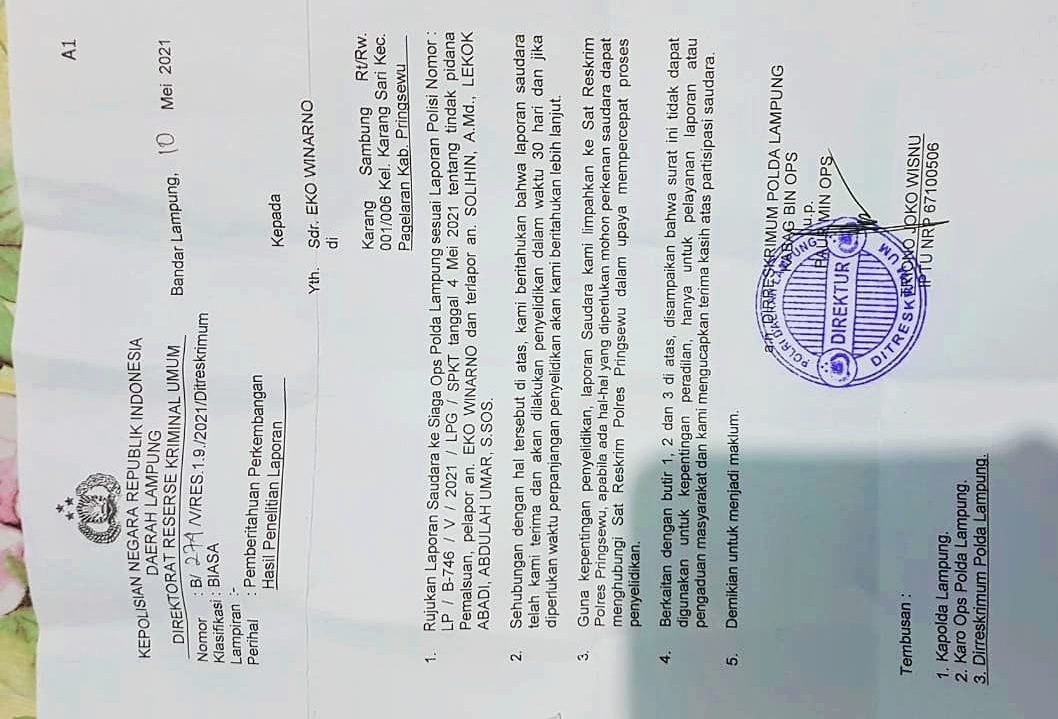 Direktur PT PJM Tanyakan Proses Hukum Kasusnya di Polda Lampung?