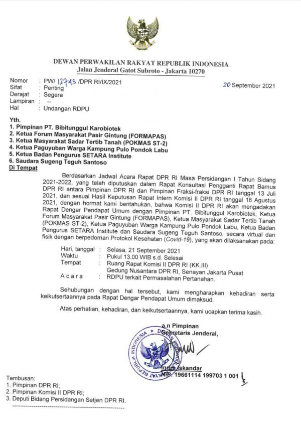 Terkait Tanah Sengketa di Way Dadi, Hari Ini Beberapa Forum Masyarakat Diundang Komisi II DPR RI