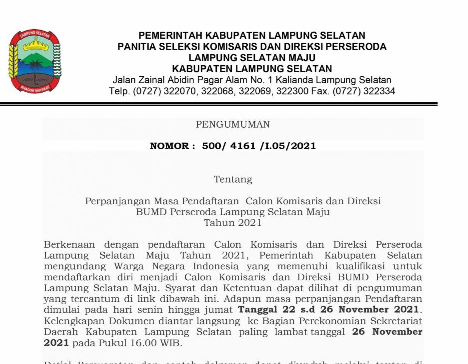Pendaftaran Calon komisaris dan Direksi BUMD Perseroda Lamsel Maju 2021 Diperpanjang