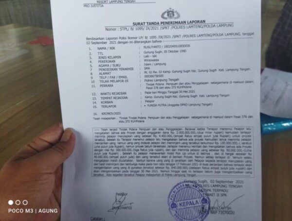 Dirugikan Rp840 juta Rekanan Polisikan Oknum Anggota DPRD Lampung Tengah Yunisa Putra