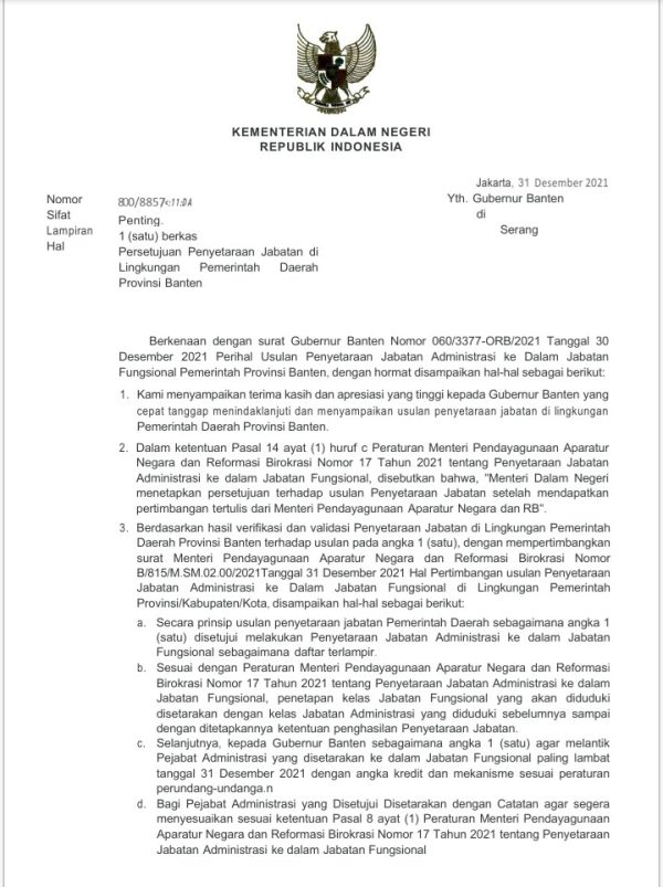 Kemendagri Terima Usulan Gubernur Banten Untuk Penyetaraan Jabatan Fungsional