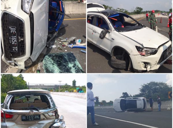Ngebut Mitsubishi Outlander Putih Anggota DPRD Tulang Bawang Sruduk Mobilio di KM 58 Tol Bakter