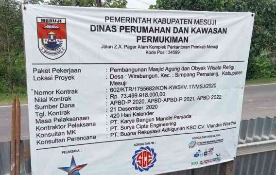 Proyek Masjid Agung dan Objek Wisata Reliji Mesuji Rp75 Miliar Potensi Bermasalah Rekanan Gagal Merampungkan Tepat Waktu?