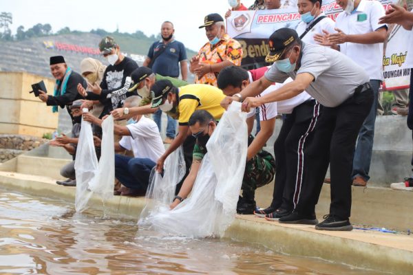 Peringati HPN 2022, PWI Pringsewu Tabur Benih Ikan dan Tanam Pohon di Bendungan Way Sekampung