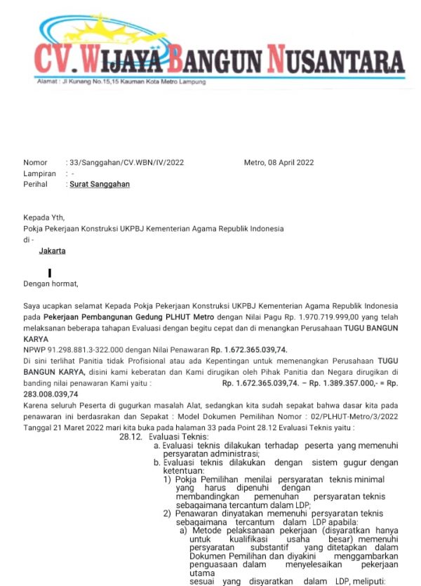 Peserta Tender UKPBJ Kementerian Agama Minta Evaluasi Ulang