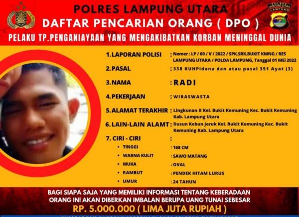 Polres Lampung Utara Terbitkan DPO Kasus Pembunuhan Malam Takbir di Bukit Kemuning, Anggota Dewan Buka Sayembara Rp5 Juta