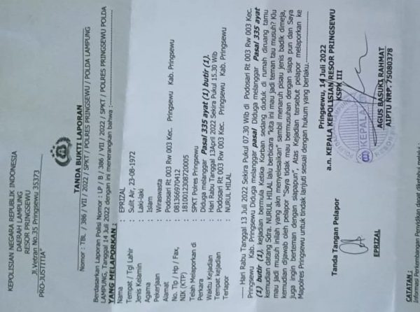 Diancam Badik Dihadapan Istri Dan anak Wartawan Haluan Indonesia Biro Pringsewu Lapor Polisi