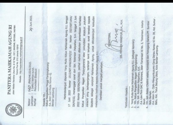 Panitera Mahkamah Agung Surati Ketua PT Lampung Soal Pemeriksaan Ketua PN Tanjungkarang?