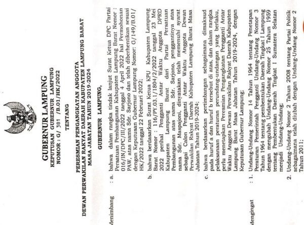 Ketua DPRD Lampung Barat Diminta Segera Melantik PAW Maspajoni