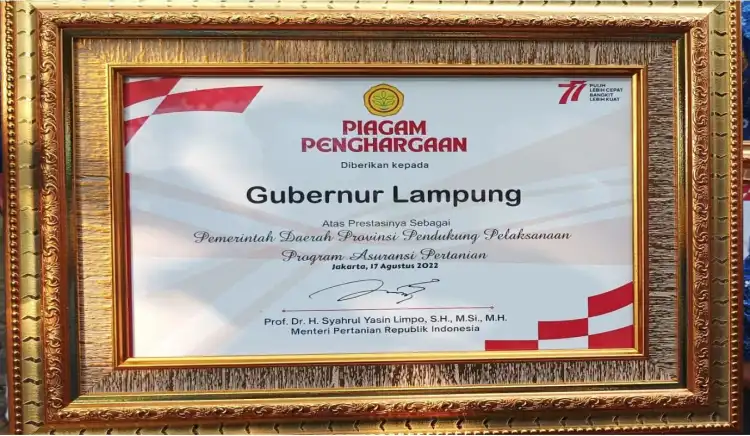 Dinilai Berprestasi di Sektor Pertanian, Gubernur Arinal Terima Penghargaan dari Mentan Syahrul Yasin Limpo