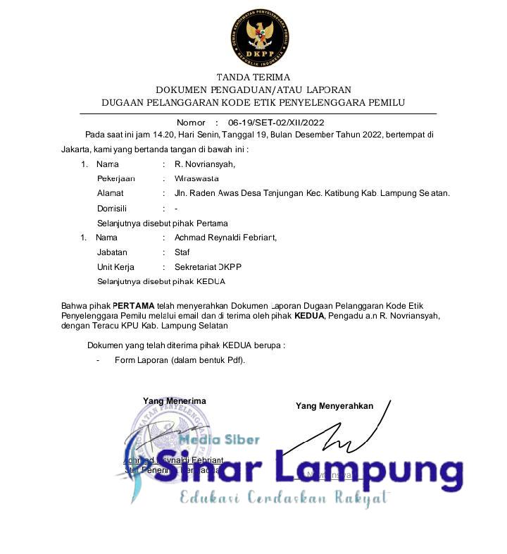 Mantan Calon Anggota PPK di Lampung Selatan Resmi Lapor Ke Ombudsman