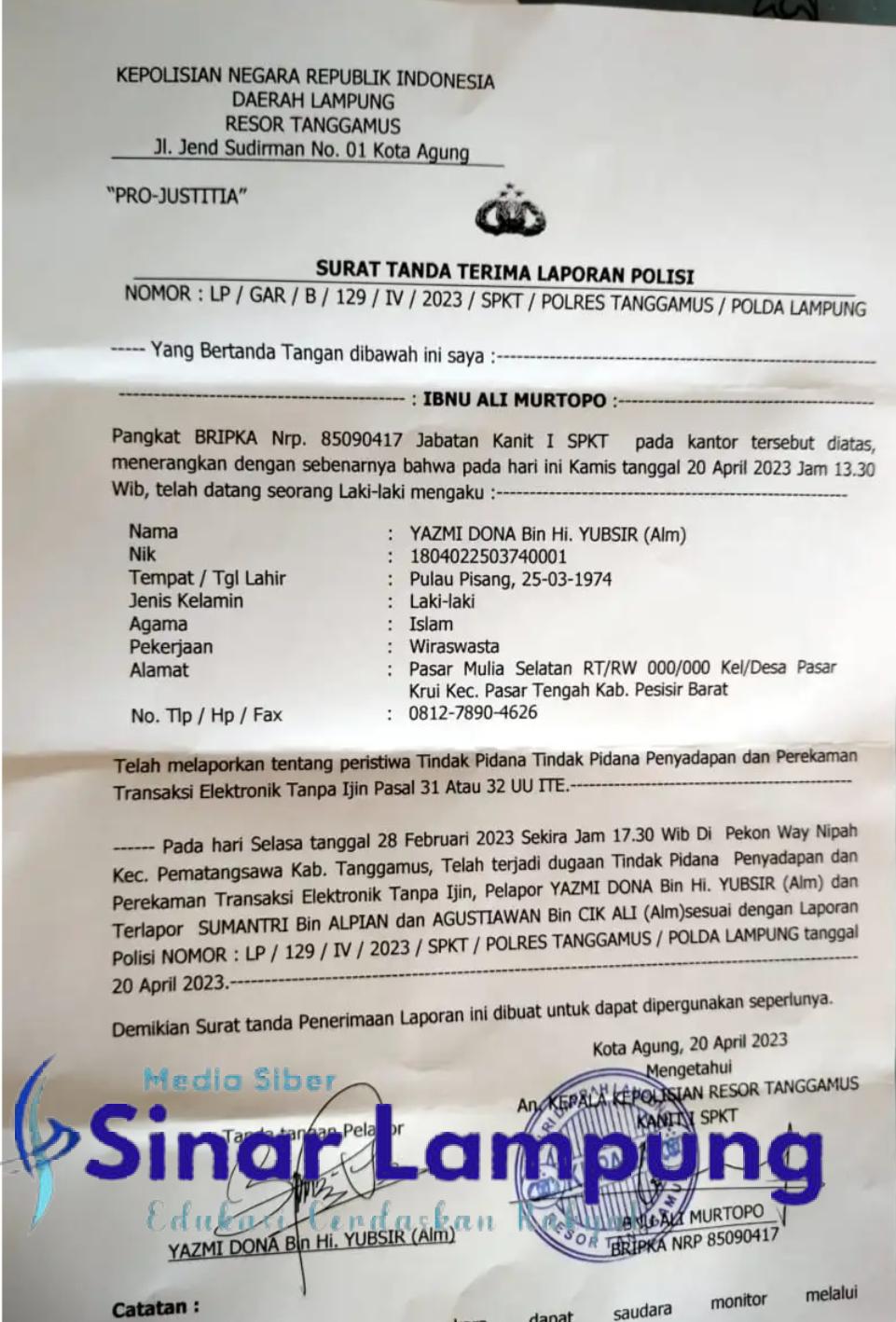 Wartawan di Tanggamus di Laporkan Balik Dengan Tuduhan Penyadapan dan Perekaman Transaksi Elektronik