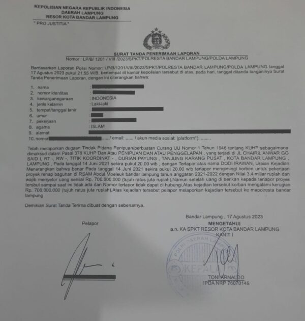 Dijanjikan Proyek Rehab RSUD Abdoel Moeleok Rp3,4 Miliar Setoran Rp700 Juta Melayang?