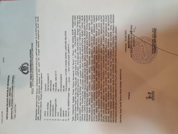 Sporadik Palsu Warga Laporkan Kades Kalisari Sutikno Cs ke Polda Lampung