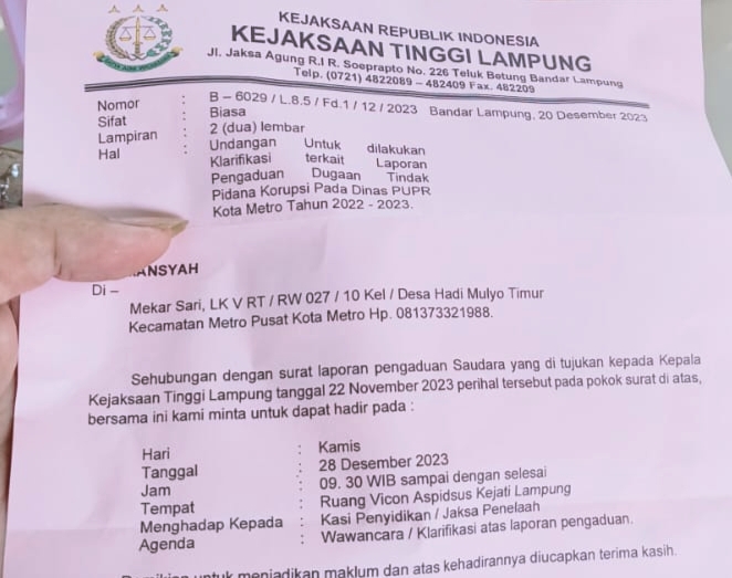 Kejati Lampung Mulai Garap Dugaan Korupsi di PUTR Kota Metro