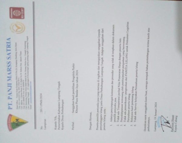 Protes Lelang Parkir, PT PMS Tuding Panitia Lelang Dishub Lampung Tengah Kongkalikong