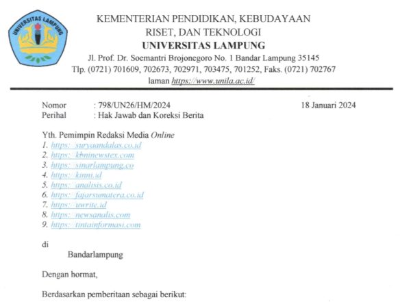 Meski Ada Konfirmasi Rektor, Humas Unila Layangkan Surat Keberatan Kalrifikasi Untuk Hak Jawab Berita?