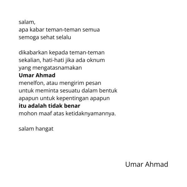 Penipu Catut Nama Umar Ahmad Minta Uang Via WhatsApp