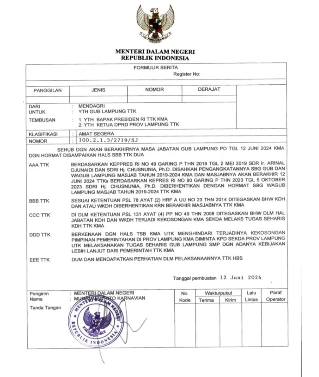 Sekdaprov Ditugaskan Kemendagri Jadi Plh Gubernur Lampung