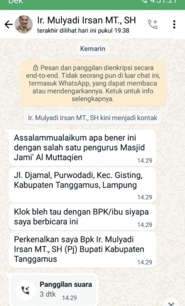 Catut Nama Pj Bupati Tanggamus Mulyadi Irsyan Penipu Modus Kirim Bantuan Kuras Kas Masjid Rp150 Juta di Bank Lampung