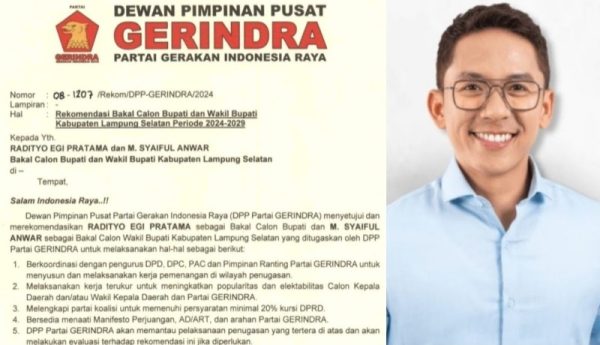 Partai Gerindra Usung Mantu Zulhas Radityo Egi Pratama Utuk Calon Bupati Lampung Selatan