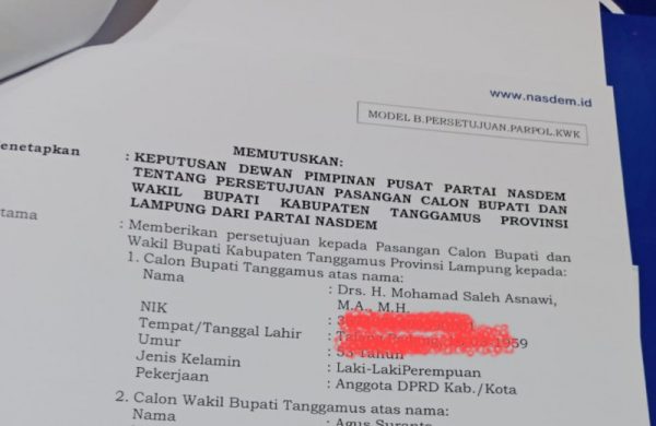 Cabut Dukungan ke Dewi Handajani Nasdem Rekom ke M Saleh Asnawi