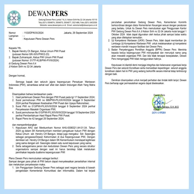 Dewan Pers Larang PWI Berkantor di Gedung Dewan Pers dan Gelar UKW