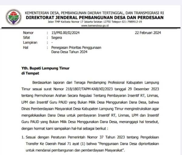 Kasus di Lampung Timur: Insentif RT Linmas LPM Hingga Guru Paud Tidak Boleh Gunakan Dana Desa