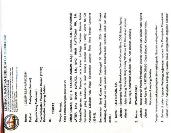 Kerap Tak Dilibatkan Panitia DOB Natar Agung Somasi TPPD Lampung Selatan