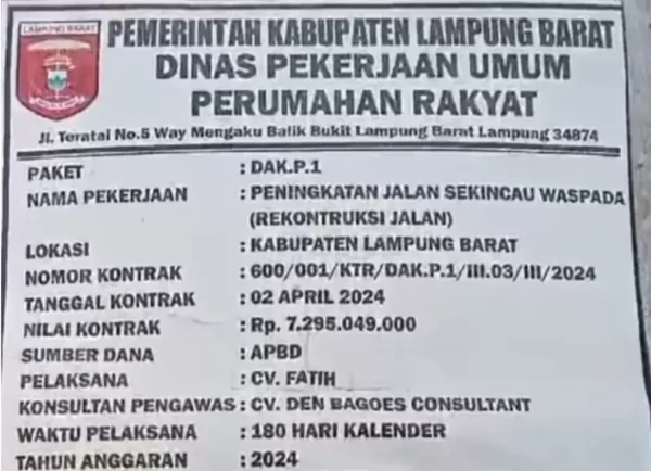 Habiskan Rp7,2 Miliar Proyek Jalan Sekicau Warspada Milik PUPR Lampung Barat Dikerjakan Asal Jadi