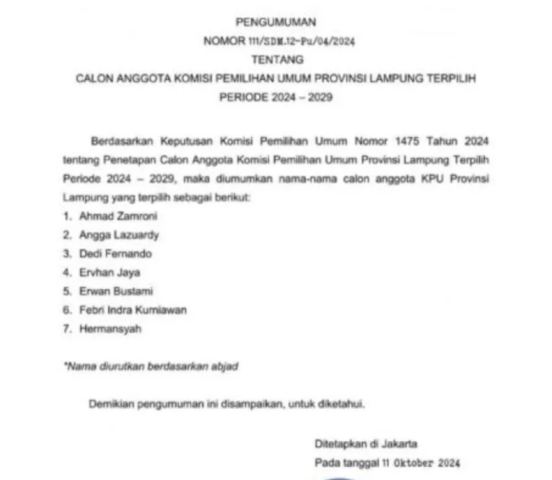 KPU RI Tetapkan Tujuh Anggota KPU Lampung