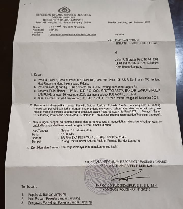 Polresta Bandar Lampung Panggil Pimpinan Media Terkait Pemberitaan Laporan Pejabat Dinsos Kota?