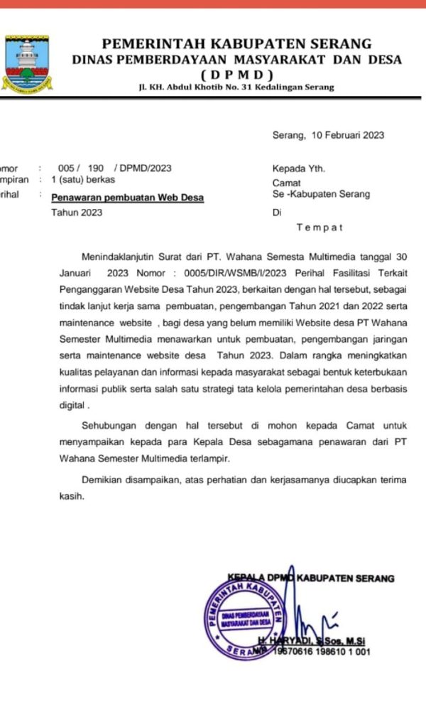 Ada Surat Arahan Kepala DPMD kepada Camat dan Kades Terkait Monopoli Perusahaan Vendor Website Desa