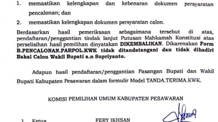 KPU Tolak Pendaftaran Supriyanto dan Elin Septiani di PSU Pesawaran?