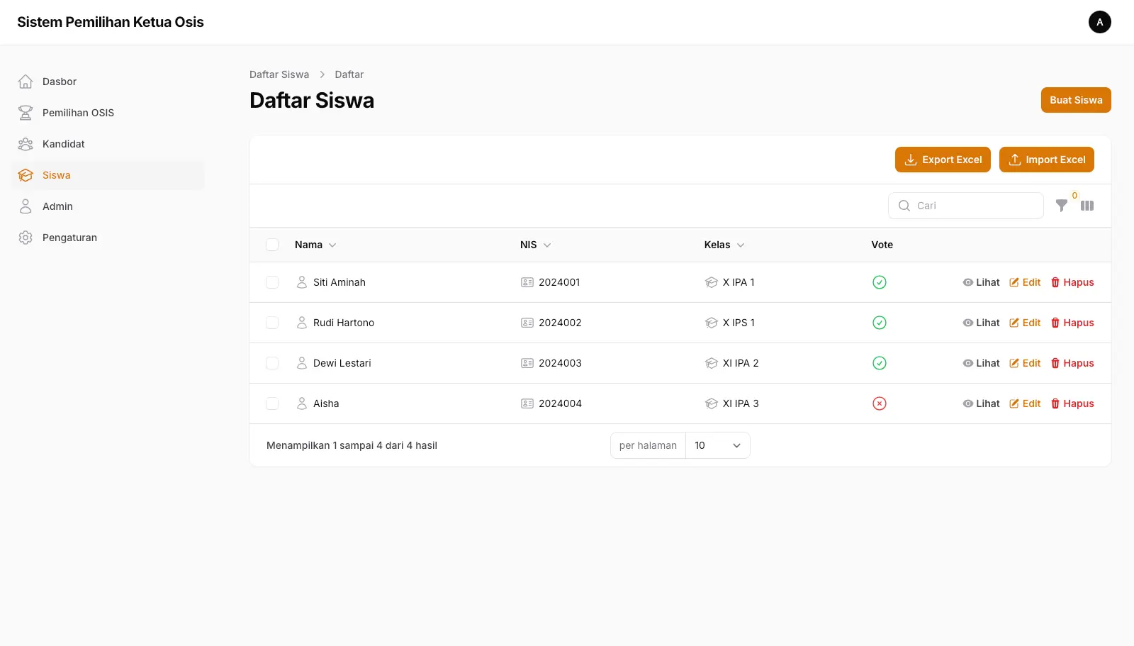 Dashboard Admin - Siswa