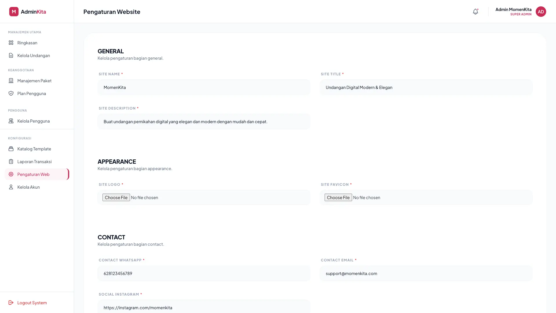 Admin Dashboard - Web Settings