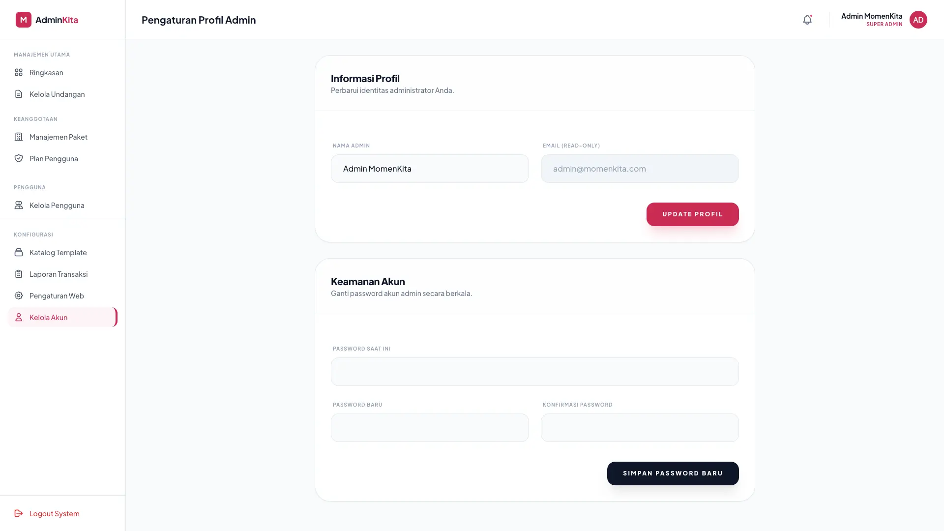 Admin Dashboard - Manage Account