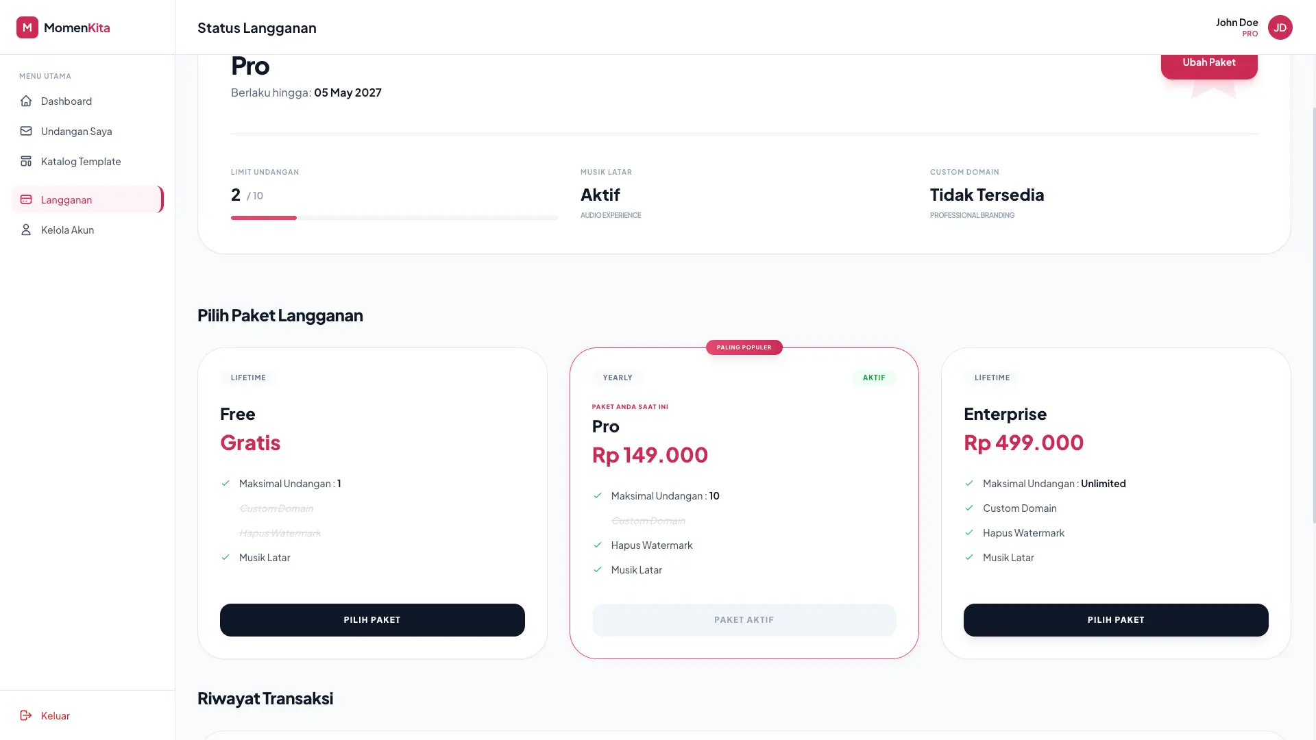 User Dashboard - Plan