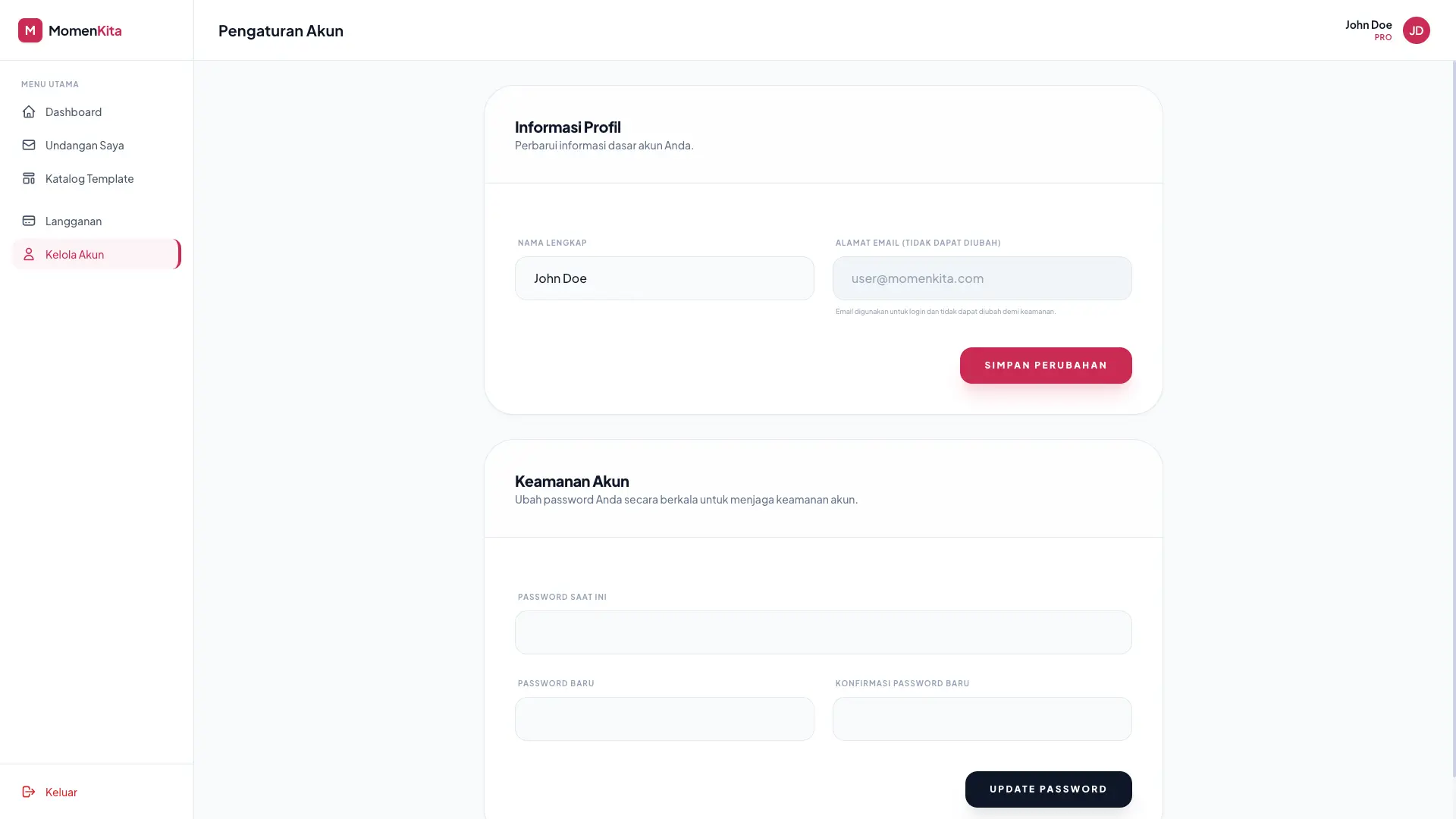 User Dashboard - Manage Account